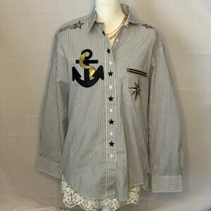 Las Olas Nautical Embroidered Stripe Button Down Shirt BlackWhite medium coastal